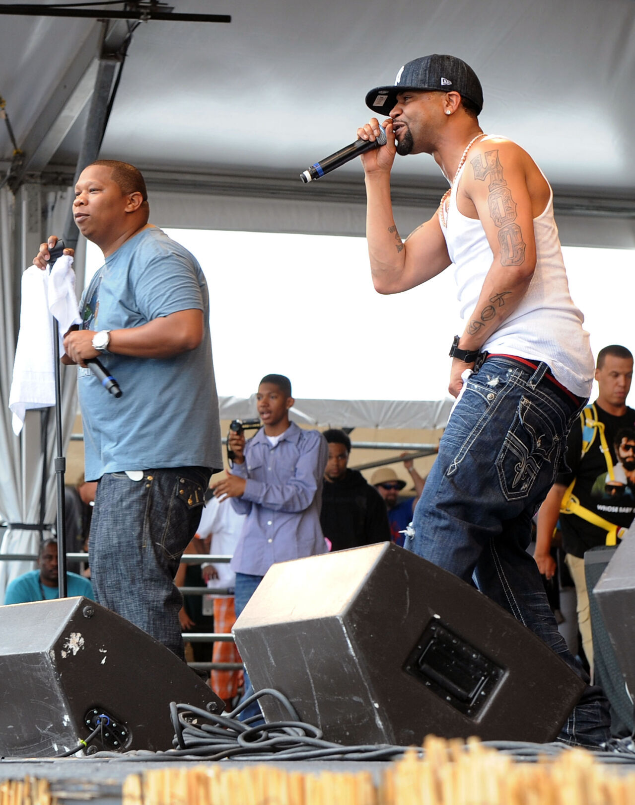 Rappers Juvenile& DJ Mannie Fresh perform at the 2010 New Orleans Jazz& Heritage Festival Presented By Shell- Day 7 at the Fair Grounds Race Course on May 2, 2010 in New Orleans.